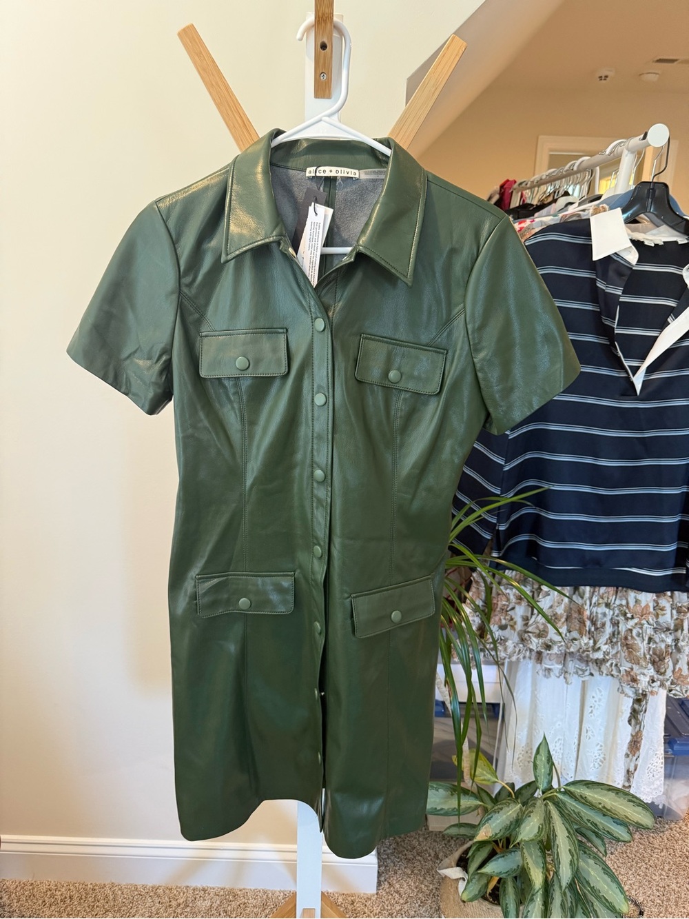Alice + Olivia Dark Green Short-Sleeve Leather-Look Shirt Dress